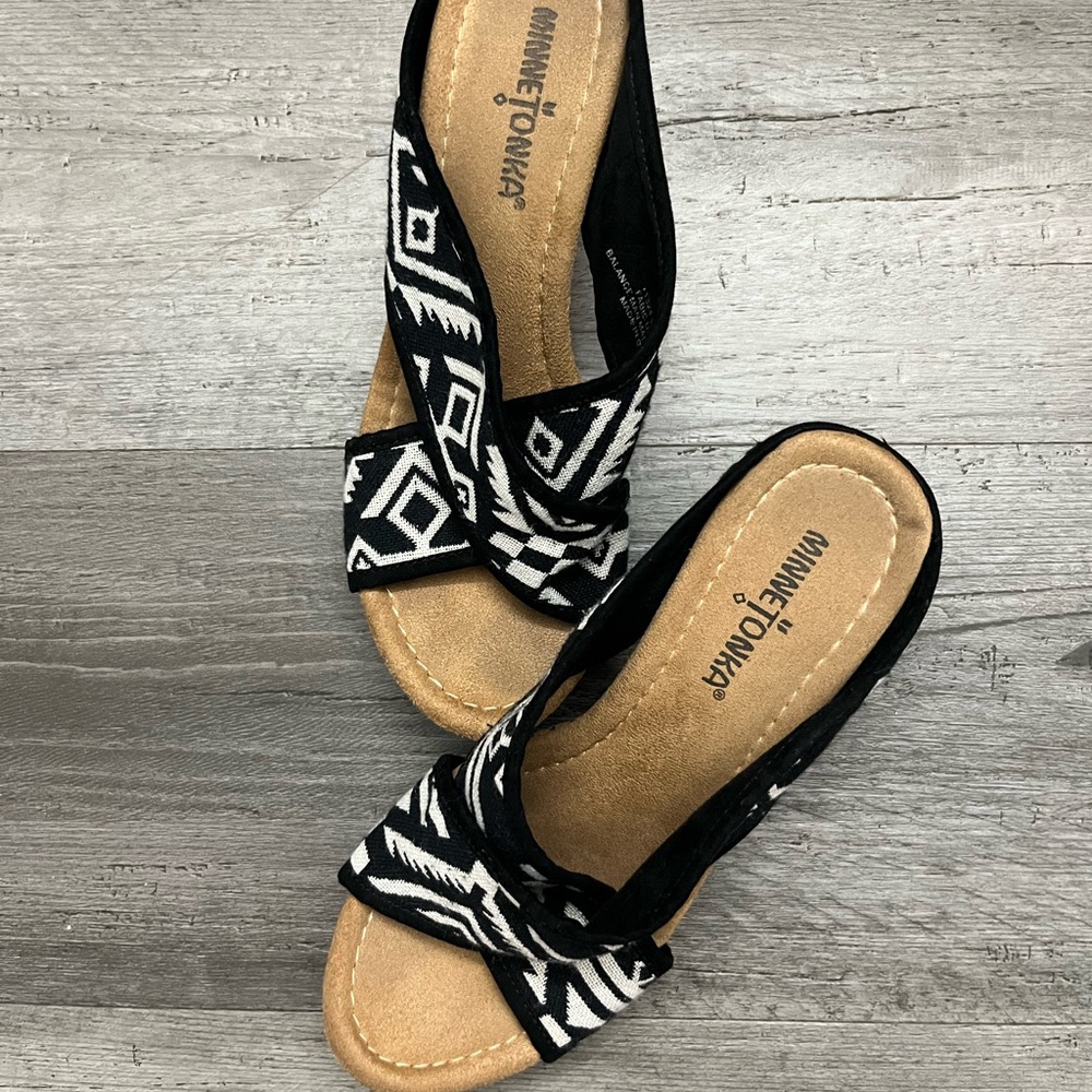 Minnetonka Black and White Wedge Shoes